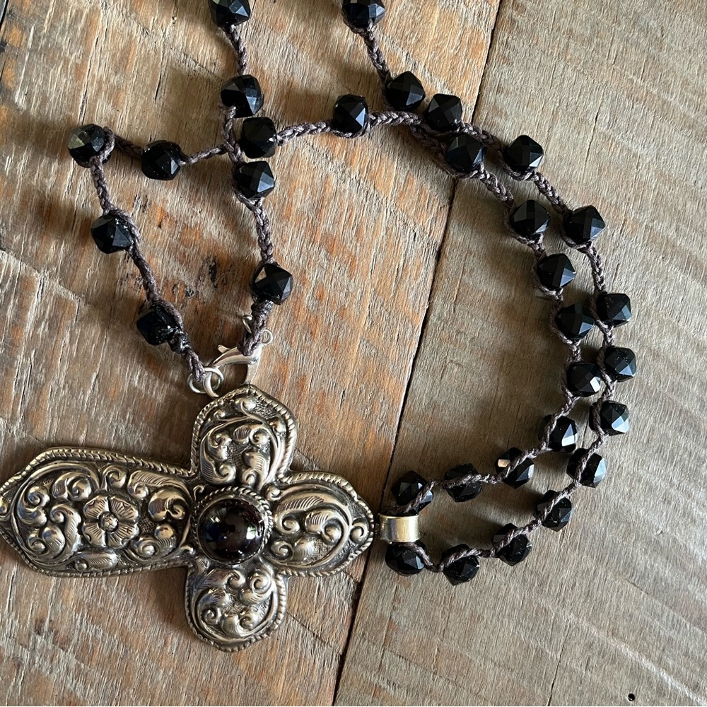 Silver cross with onyx center and beads